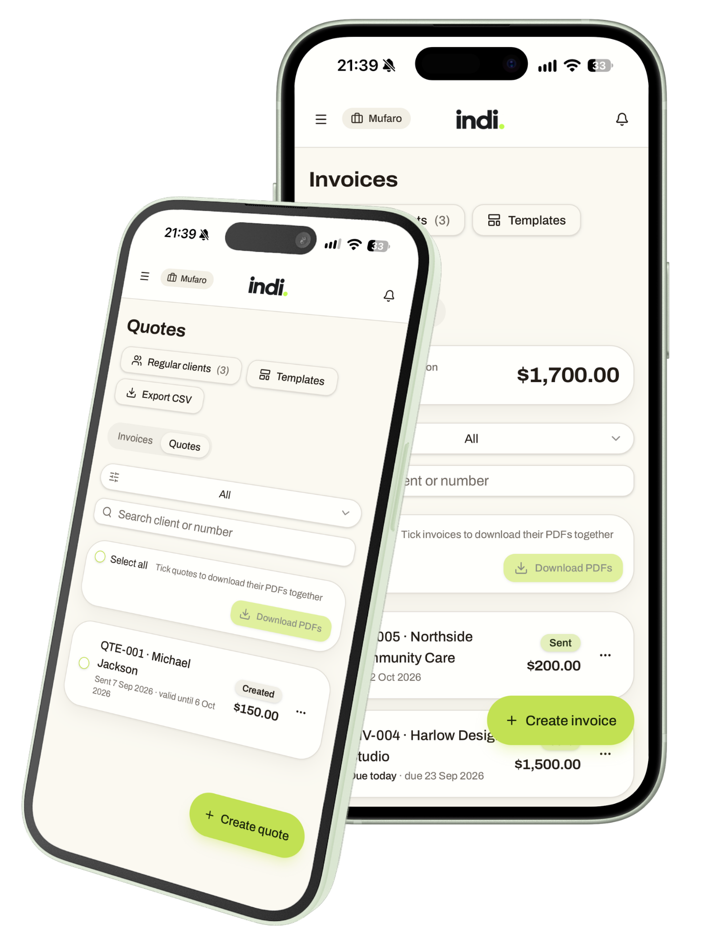 Indi's Quotes and Invoices screens shown together on two phones