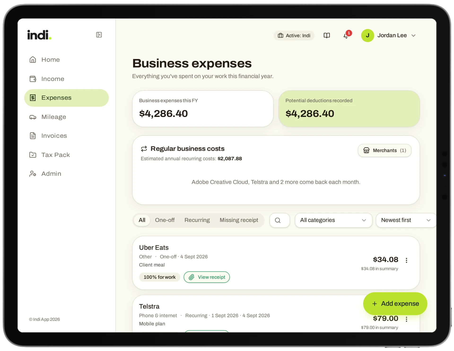 Indi's expenses screen showing recurring business costs awaiting confirmation