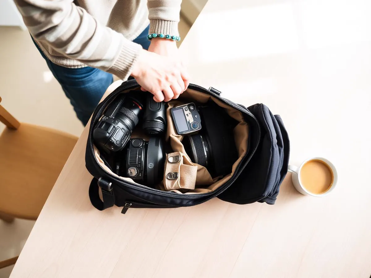 Photographer packing camera gear beside a coffee on a light table