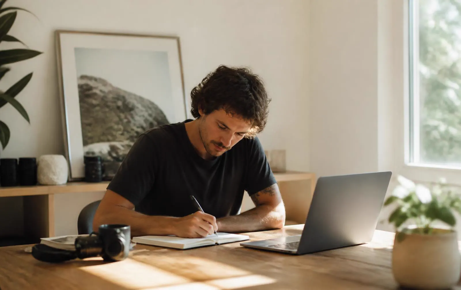 Sole trader working at a sunlit desk with a laptop and notebook