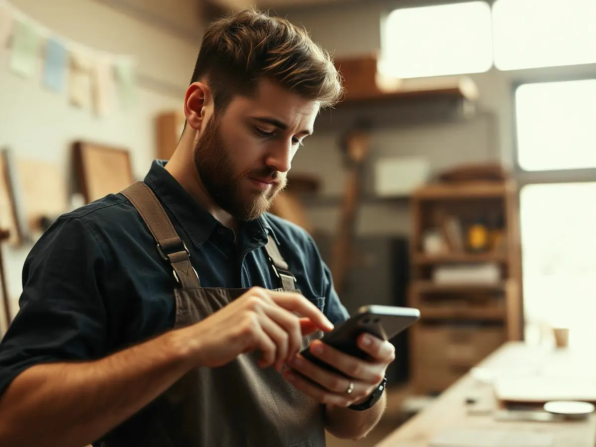 Self-employed tradesperson checking their phone in a workshop