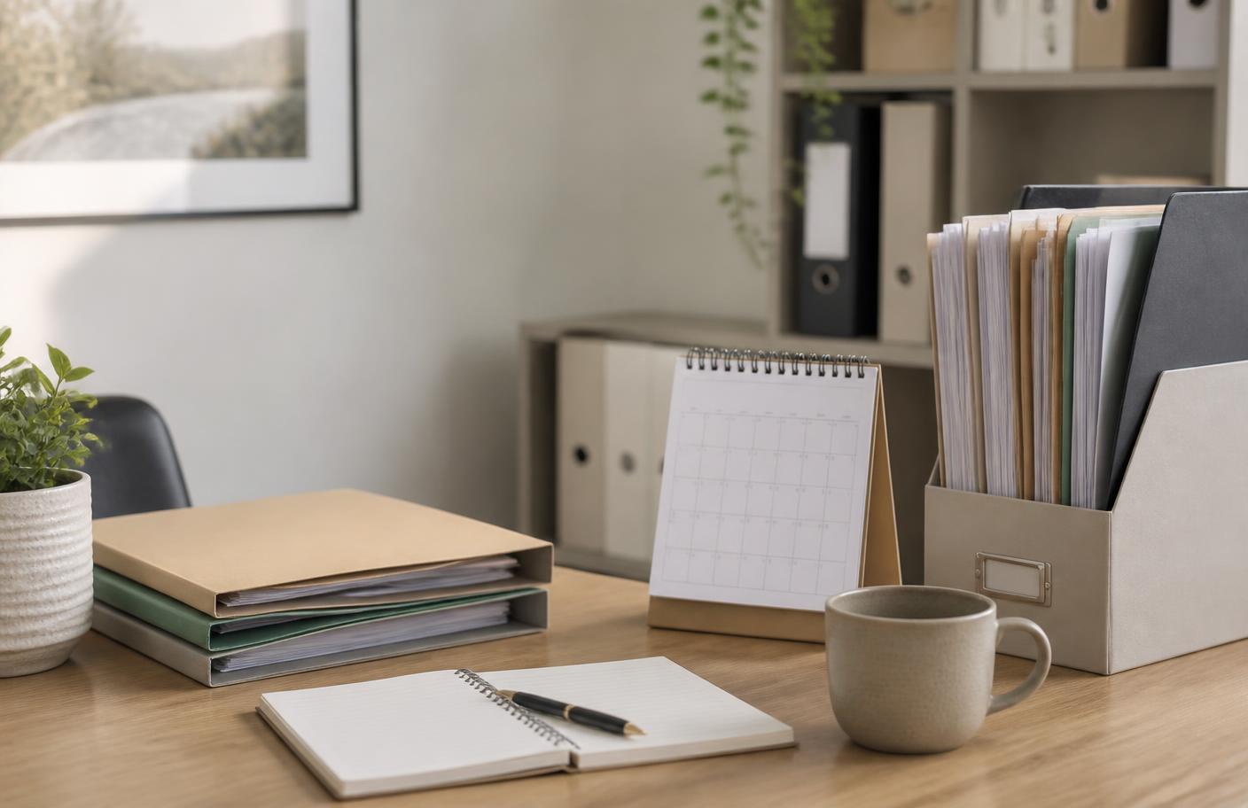 Tidy home office desk with folders, a notebook and a calendar ready for end of financial year