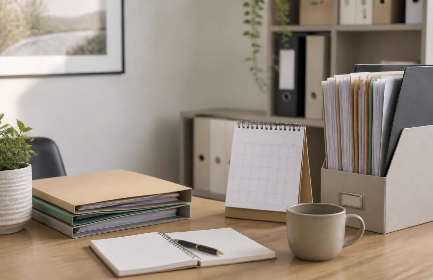 Tidy home office desk with folders, a notebook and a calendar ready for end of financial year