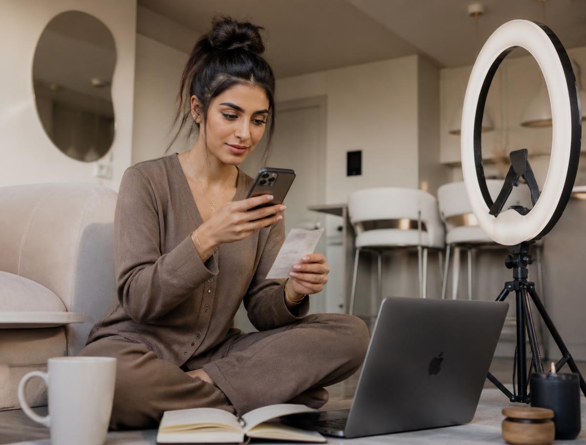Sole trader checking a paper receipt beside their phone at a desk