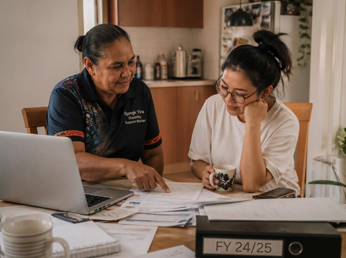 Two people reviewing paperwork and a laptop together at tax time