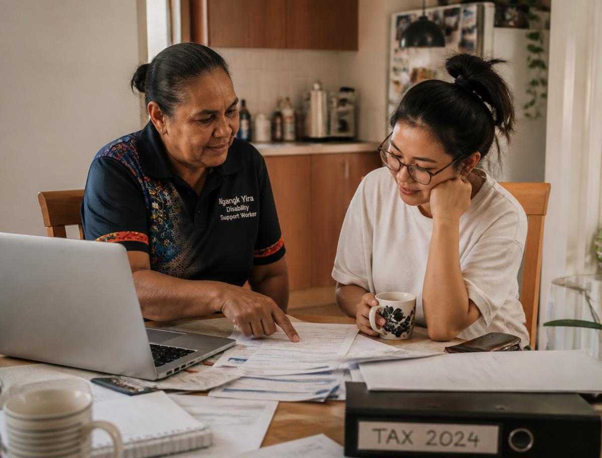 Two people reviewing paperwork and a laptop together at tax time