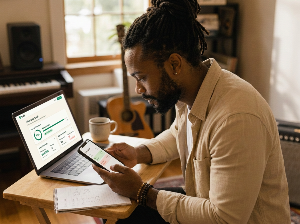 Sole trader reviewing paid and overdue invoice totals at a desk with a laptop