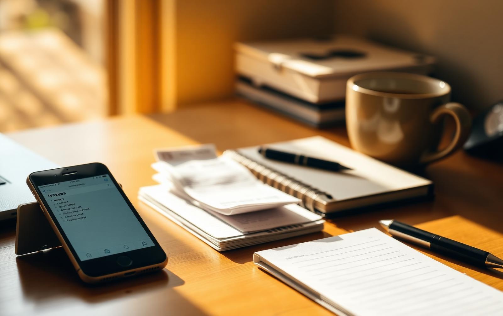 Sunlit desk with a phone showing a money-tracking app beside receipts, a notebook and a coffee cup