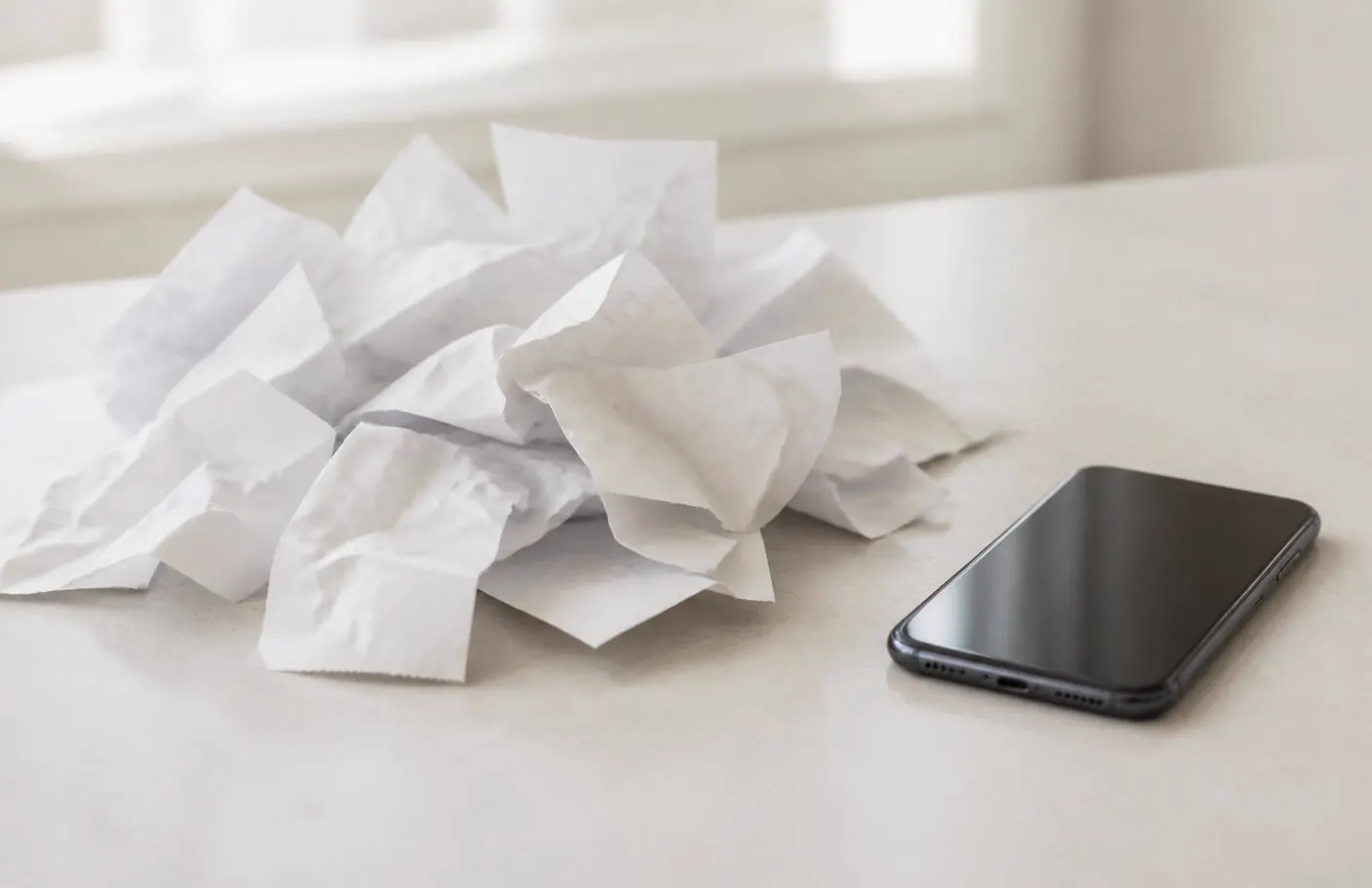 A pile of paper receipts beside a smartphone on a light table