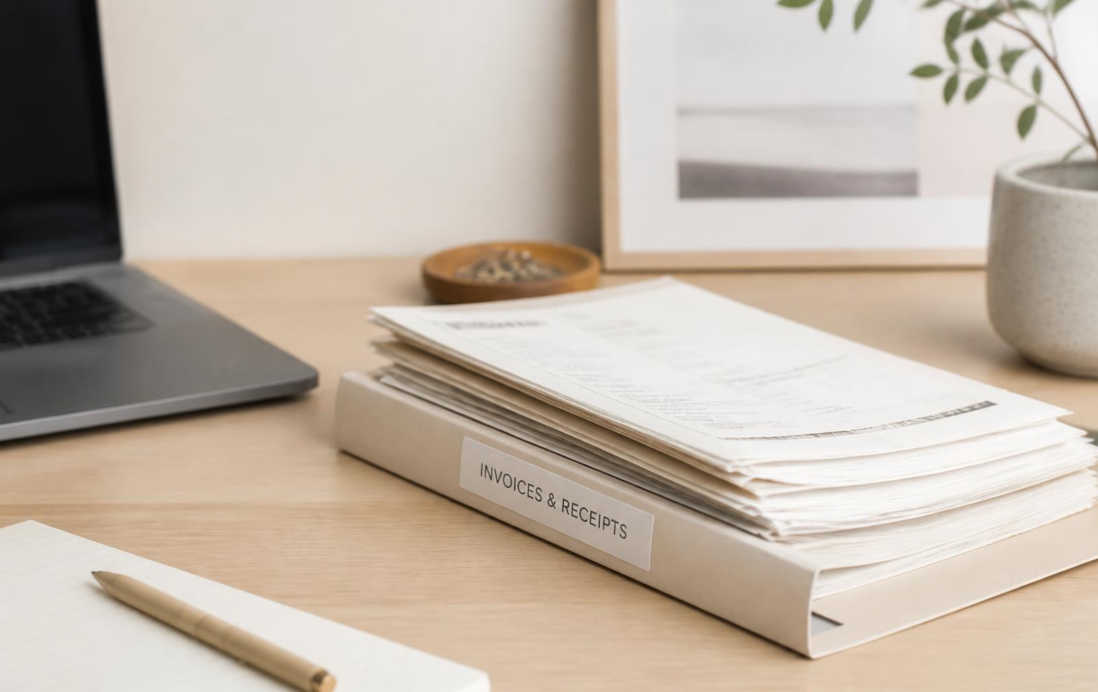 Labelled folder of invoices and receipts on a tidy sunlit desk beside a laptop