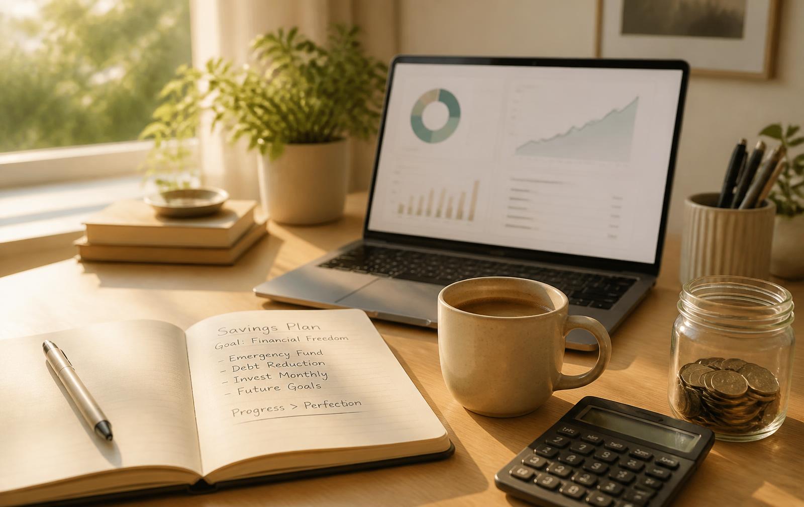 Sunlit desk with an open savings-plan notebook, calculator, coffee cup and a jar of coins beside a laptop showing a calm finance dashboard