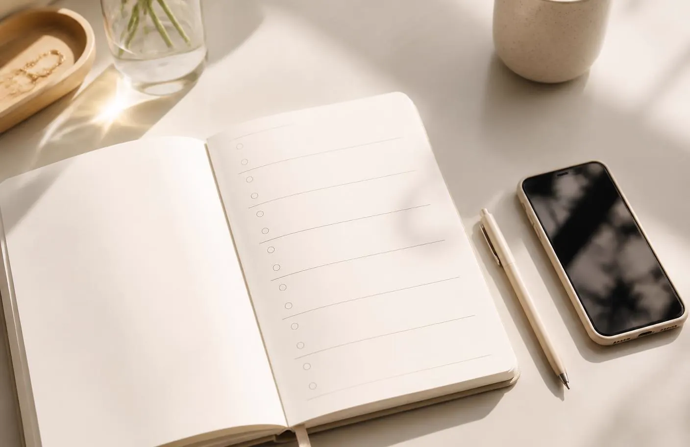 Open notebook with a blank weekly checklist beside a pen and phone on a sunlit desk