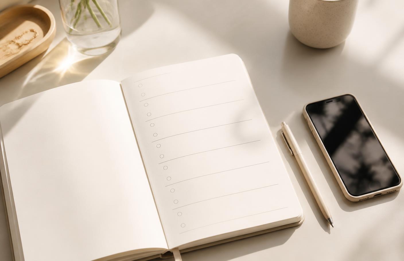 Open notebook with a blank weekly checklist beside a pen and phone on a sunlit desk